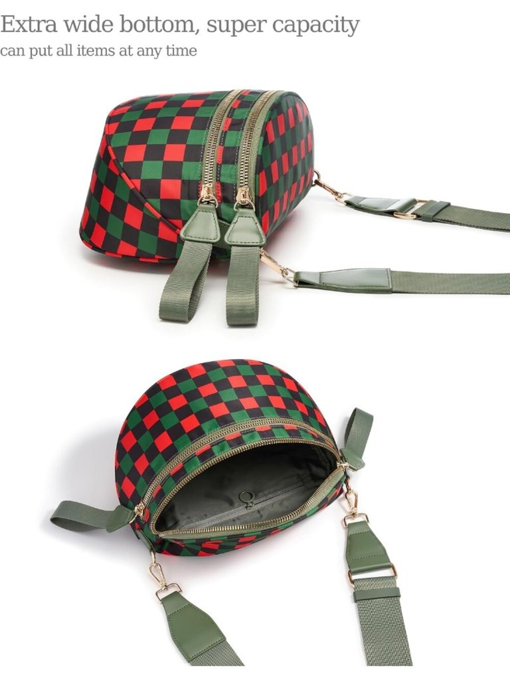 Women's Red Green Check Nylon Spacious Bum Bag Travel Purse Crossbody Bag - Picture 5 of 5